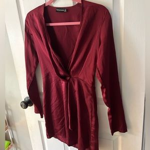 Beautiful burgundy colored long sleeve silk like dress